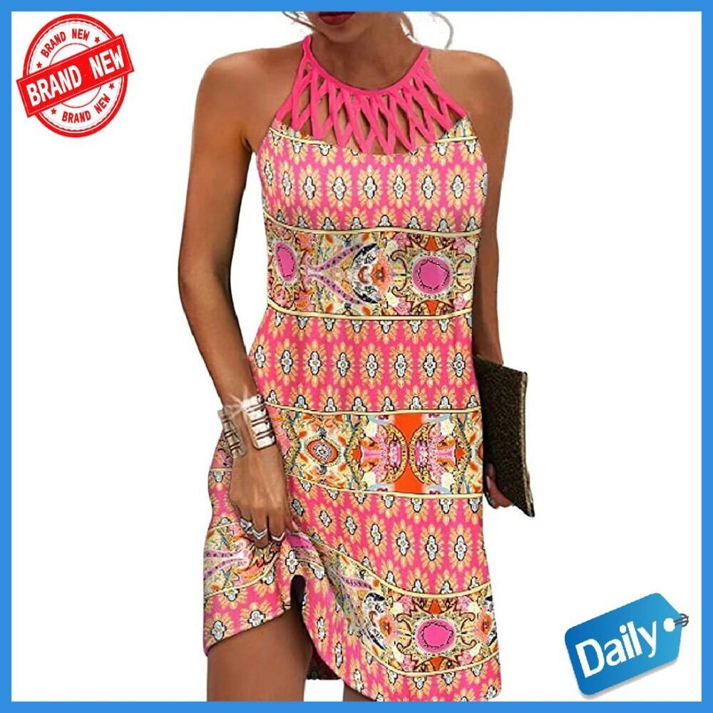 Floral Halter Neck A-Line Sundress with Pockets - Midi Summer Dress